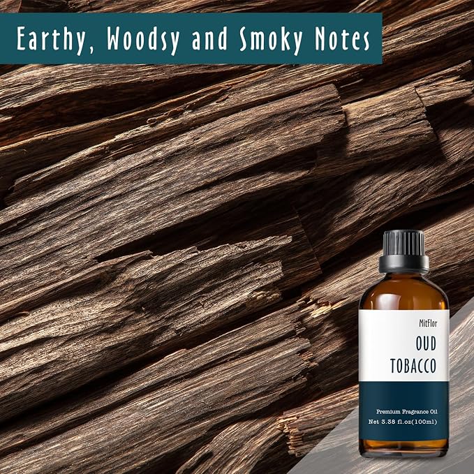Oud Tobacco Fragrance Oil, MitFlor Single Scented Oil, Large Size Premium Grade Fragrance Oil for Soap & Candle Making, Aromatherapy Oil, Men & Woody Scent for Home Fragrance - 3.38 OZ/100ML