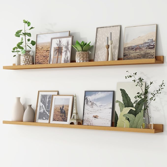 Picture Ledge Shelf, Long Floating Shelves for Wall, 56" W Set of 2, Oak | FSC Certified Engineered Wood, Wall Mounted Bookshelf, for Nursery Living Room Bedroom, Easy Install