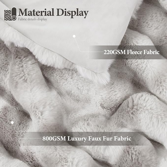 Luxury 1000GSM Faux Rabbit Fur Throw Blanket, Super Heavy Warm Cozy Grey Blankets for Couch Bed Sofa, Ruched Plush Fuzzy Elegant Soft Reversible Mink Blanket for Living Room Bedroom