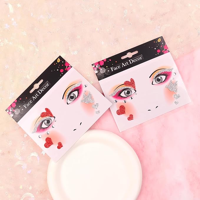 Valentine Face Gems Face Jewels Stickers Red Love Heart Lip Self Adhesive Eye Body Face Nail Hair Crystal Rhinestones for Makeup Festival Glitter Face Art Decor 2Sheets (style5)