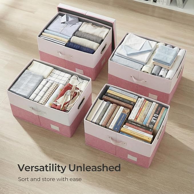 Storage Bins with Lids [3-Pack] Linen Fabric Foldable Storage Boxes Organizer Containers Baskets Cube with Cover for Bedroom Closet Office White&Pink (23.4X15.9X11.4)