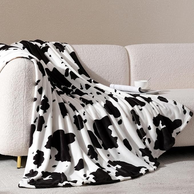 Cozy Bliss Cow Print Fuzzy Throw Blanket for Couch - Thick Soft Warm Non Shedding Fleece Blankets for Western Décor Room, for Kids, Women Men Girls, Black & White 50"*60"