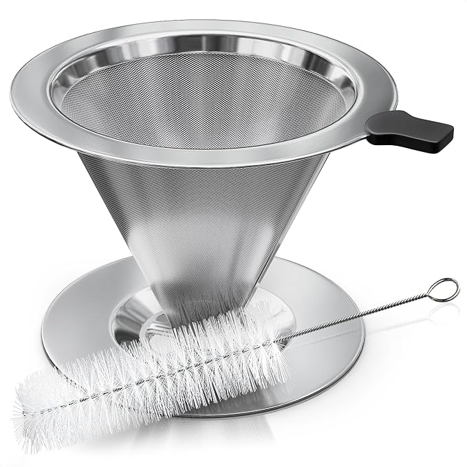 Stainless Steel Pour Over Coffee Maker With Cleaning Brush & Non-Slip Silicone Handle - 2 Cups Capacity 600 Mesh Stainless Steel Pour Over Coffee Dripper With Secure Wide Base, Clean Flavor Paperless