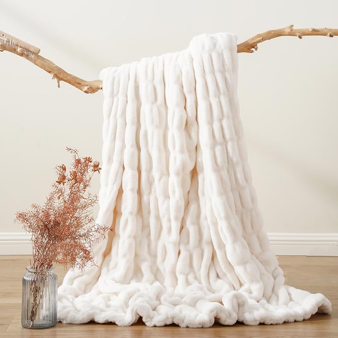 BATTILO Soft Ivory Faux Fur Throw Blanket for Couch, 50"x60", Double Side