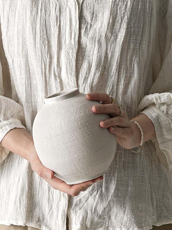 Small White Ceramic Vase - 6.3 Inch Rustic Farmhouse Flower Vase for Home Decor, Minimalist Vases for Living Room, Table, Bathroom, Holiday & Weddings (Sandstone White)