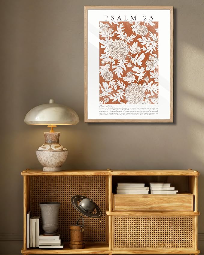 EcoHest 18x24 in Psalm 23 Orange Floral Botanical Framed Christian Wall Art | Solid Oak Wood Frame with Canvas Wall Art, Scripture Bible Verse Wall Decor for Bedroom, Living Room, Office, Church, 1Pack
