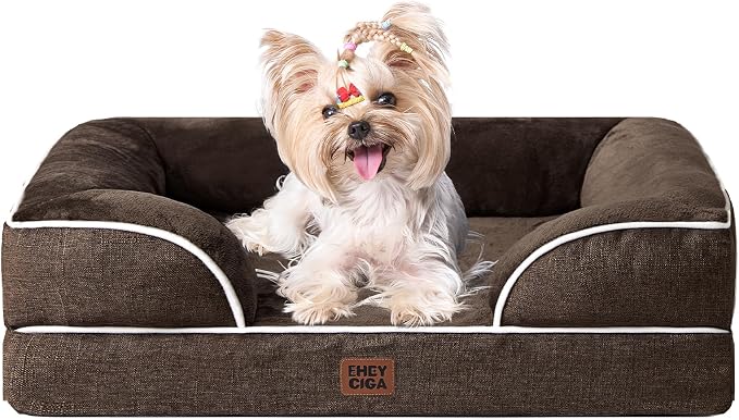 EHEYCIGA Orthopedic Small Dog Bed, Waterproof Memory Foam Washable Pet Beds | Non-Slip Bottom and Egg-Crate Foam Medium Pet Couch Bed with Washable Removable Cover, Brown