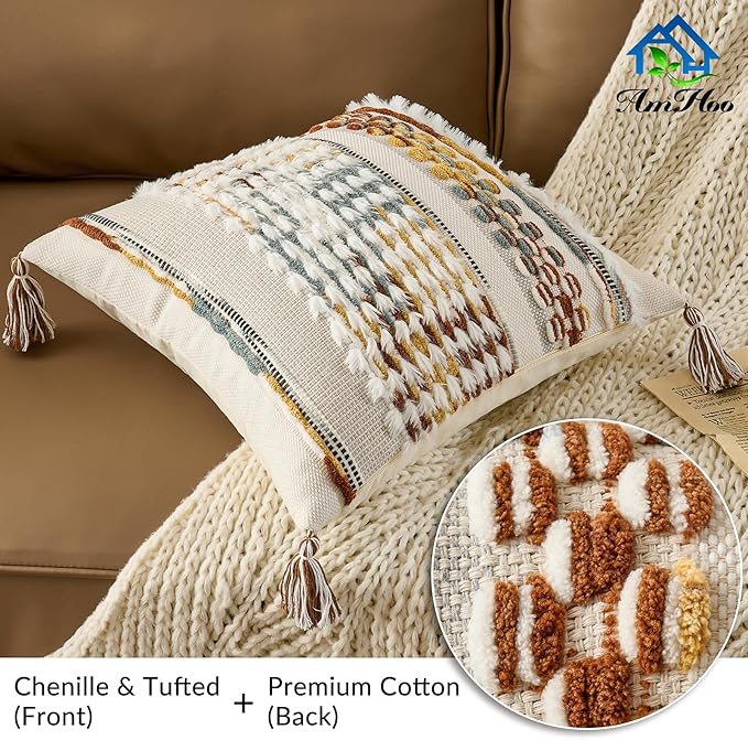 Chenille Striped Tufted Textured Boho Throw Pillow Covers Aesthetic with Tassels Woven Decorative Pillow Case for Couch Bed Sofa Bedroom Modern Funky 18 x 18-Inch Brown White
