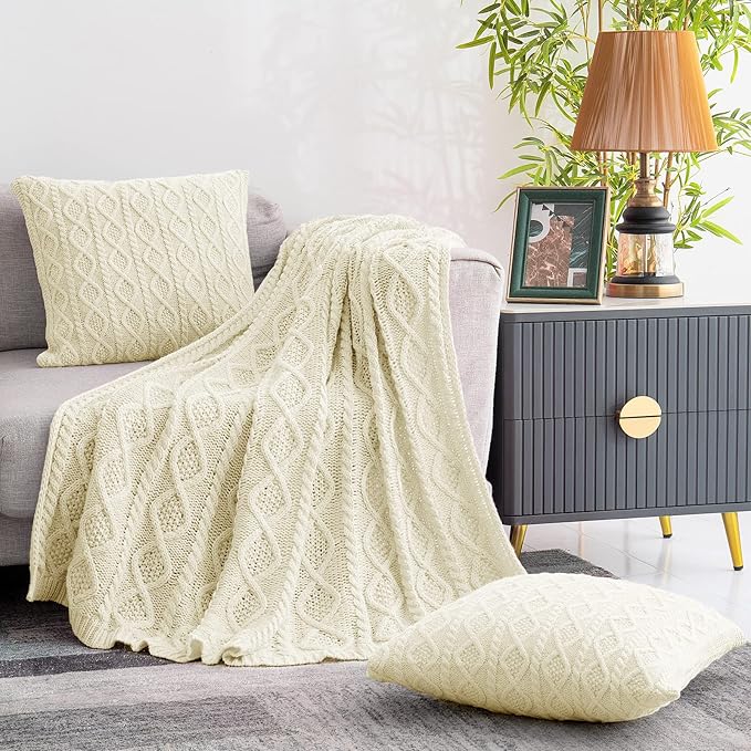 Homiest Cream White Cable Knit Throw Blanket Set of 3, with 2 Pillow Covers | Pure Acrylic, Lightweight & Breathable, All-Season Use, Machine Washable, Wrinkle & Fade Resistant, for Couch Bed And Sofa