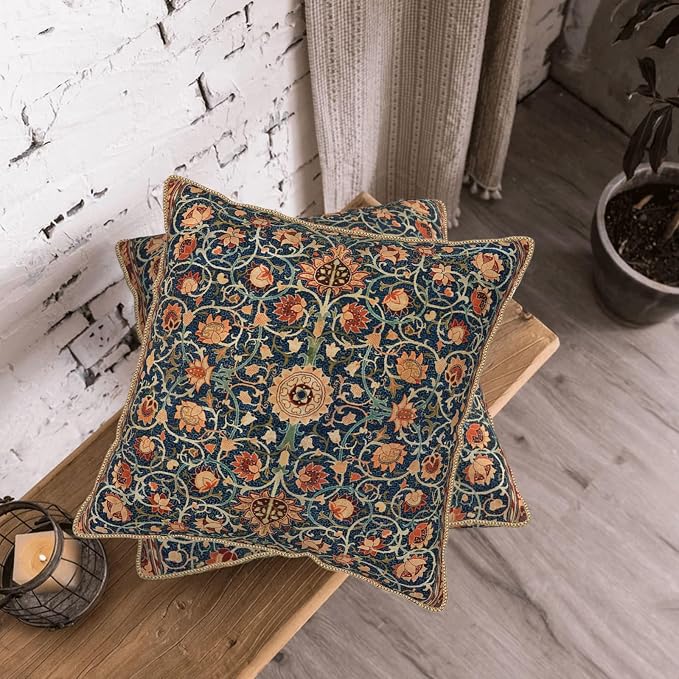 Vintage Floral Soft Velvet Throw Pillow Covers Set of 2 Burnt Orange Navy Flowers Plant Decorative Pillow Covers 16x16 Inch Art Botanical Pillow Case For Sofa Couch Outdoor Farmhouse Home Decor