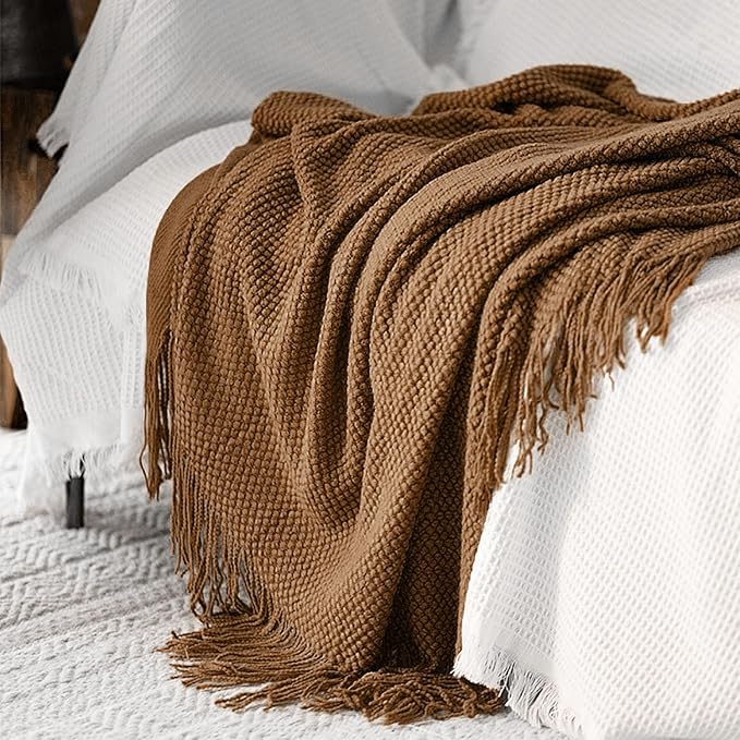 LOMAO Knitted Throw Blanket with Tassels Bubble Textured Lightweight Throws for Couch Cover Home Decor (Khaki, 60x90)