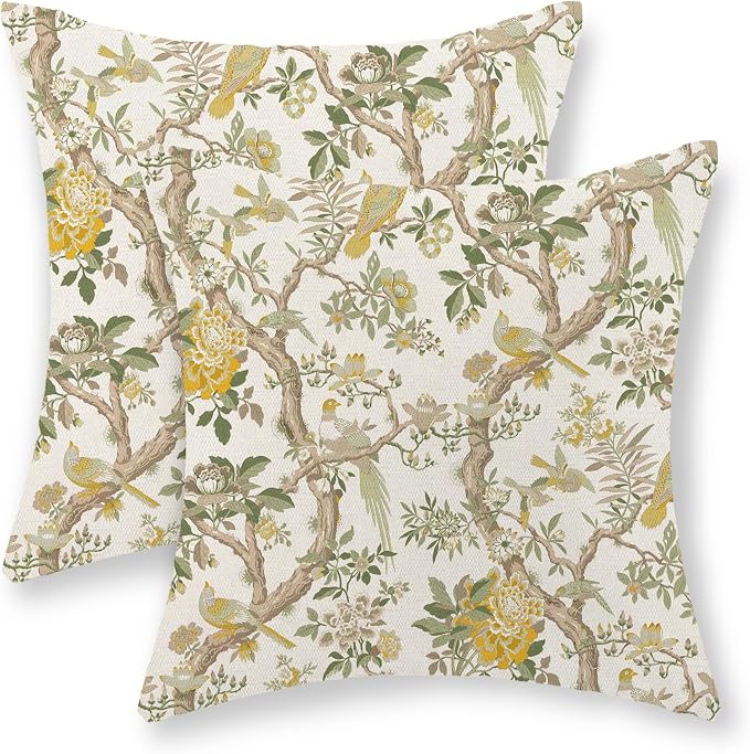 Yellow Green Floral Bird Pillow Covers 18x18 Set of 2 Chinoiserie Throw Pillows Vintage Flowers Bird Decorative Pillow Cases Outdoor Chinoiserie Decor Farmhouse Cushion Case for Couch Sofa