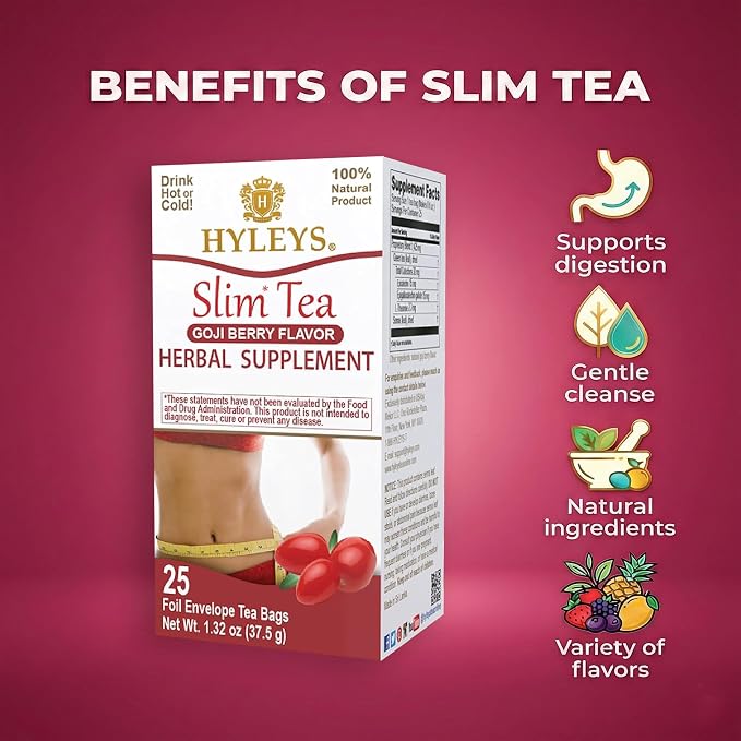 Hyleys Slim Tea Goji Berry Flavor - Weight Loss Herbal Supplement Cleanse and Detox - 25 Tea Bags (12 Pack)