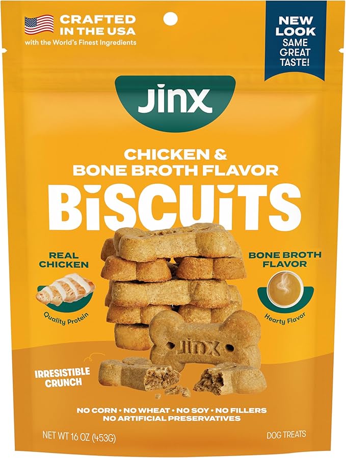 Jinx Oven-Baked Chicken Bone Broth Biscuit Treats, Crunchy, All Natural, Superfood-Rich with Real Chicken, Pumpkin & Blueberries, 16oz | 1-Pack Crunchy & Healthy Dog Treat, Superfood-Rich with Cage Free Chicken, Dog Cookies for Puppies, Adults & Senior...