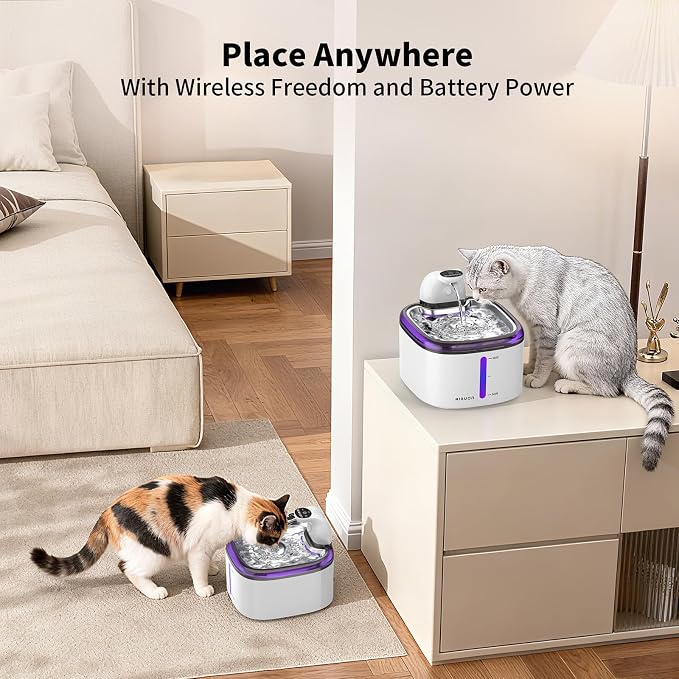 Cat Water Fountain Cordless 118oz/3.5L Wireless & Battery Operated Pet Water Fountain for Indoor Cats, Stainless Steel Tray with Sensor & Timer Modes, Ultra-Quiet, BPA-Free (Cat Fountain+2Filters)