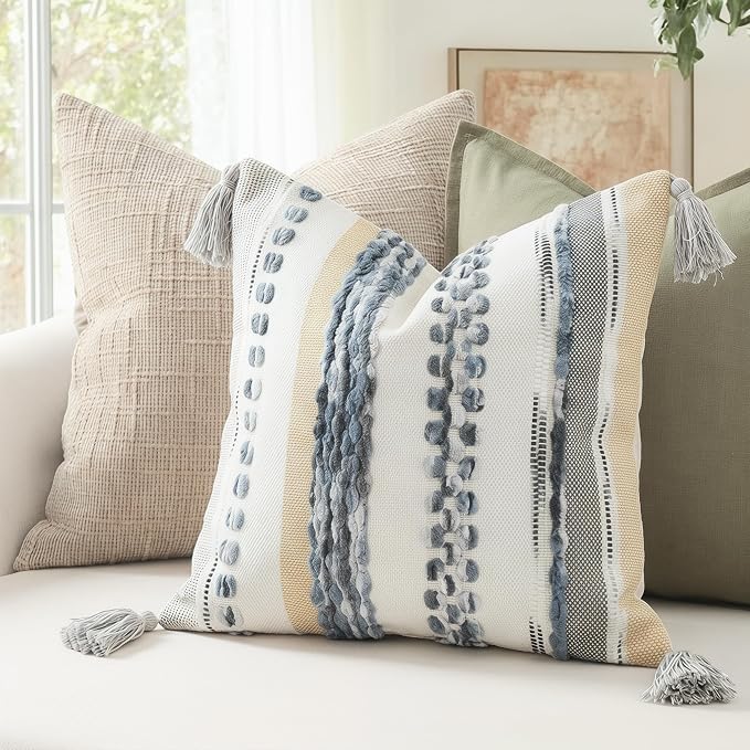 PANOD Chenille Farmhouse Throw Pillow Covers 18 x 18 Grey, Neutral Boucle Couch Pillow Cover, Striped Decorative Boho Coushion Cover Pillow Case for Couch Bed Sofa Bedroom,Modern Accent,Set of 2