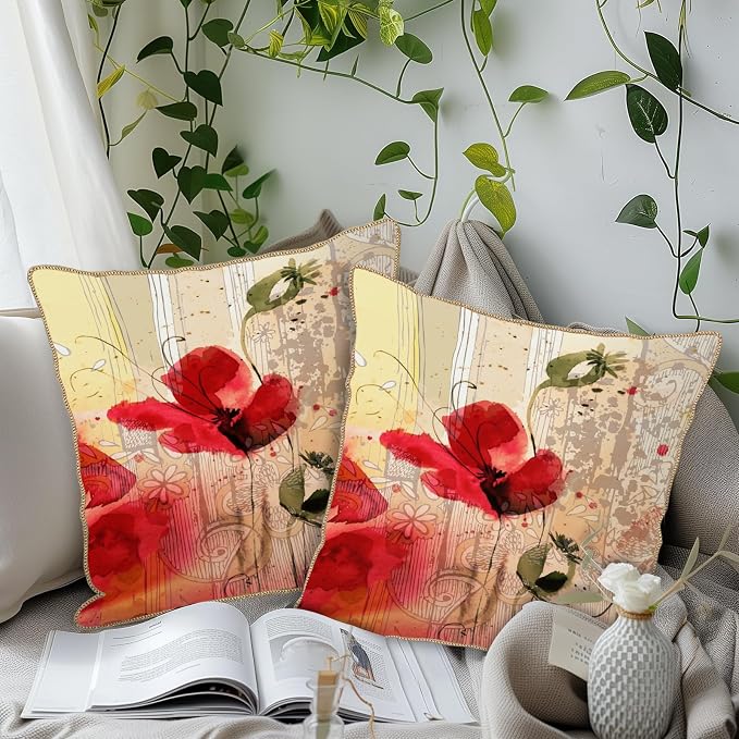 KSLIDS Red Poppy Flower Soft Velvet Throw Pillow Covers Set of 2 Watercolor Art Flower Decorative Pillow Covers 20x20 Inch Retro Beige Pillow Case for Sofa Couch Living Room Farmhouse Home Decor