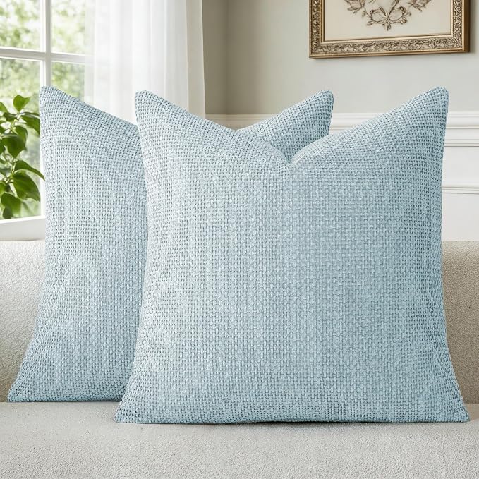 a moment Baby Blue Chenille Throw Pillow Covers 20x20 Inch Pack of 2 Modern Decorative Throw Pillow Covers Farmhouse Cross Covers Home Decor for Sofa Bedroom Living Room