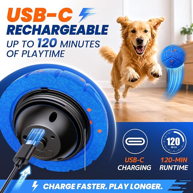 Smart Interactive Dog Toy to Keep Them Busy, Automatic Moving, E-TPU Material, 3 Interactive Modes, IPX7 Waterproof, USB Rechargeable, Active Rolling Ball for Puppy, Medium and Large Dogs (Blue)