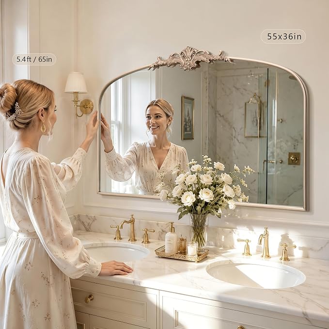 Besdomus Antique Arch Gold Mirror: 55"x36" Extra Large Champagne Decorative | Vintage Baroque Ornate Metal Framed Mirror for Home Renovation Decor - Ideal for Double Vanity/Entryway/Fireplace/Living Room