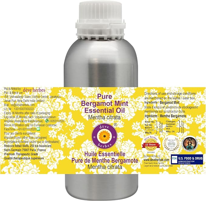 Deve Herbes Pure Bergamot Mint Essential Oil (Mentha citrata) Steam Distilled 300ml (10 oz)