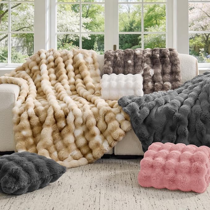 BEDELITE Faux Fur Throw Bubble Blanket for Couch, 60" x 80", Dusty Pink | 870GSM Soft Cozy Plush Blanket for Sofa & Bed Living Room Decor, Warm Fuzzy Faux Rabbit Fur for Women Gift, All Season Use