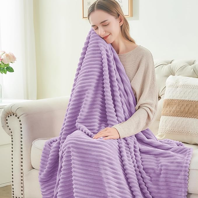BEDELITE Ribbed Jacquard Lavender Fleece Twin Blanket for Bed, 60x80 Inch | Soft Warm Decorative Fluffy Blanket, Cozy Plush Lightweight Fuzzy Throw Blanket for Couch Sofa Room Decor, Gift for Women