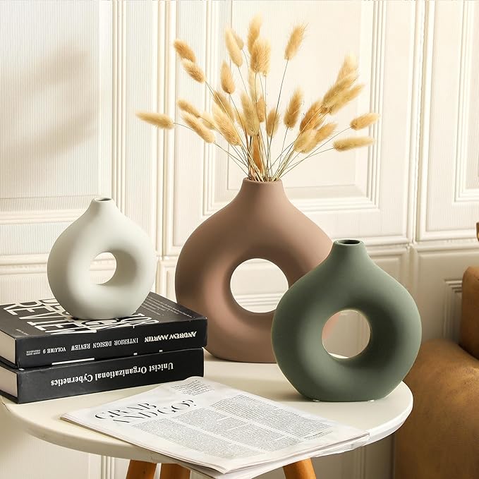 Vanselia Ceramic Vase Home Table Decor - Flower Vases Set of 3 Small Living Room Centerpiece Decorations for Shelf Bedroom Office Kitchen Dining Desk Modern Aesthetic Farmhouse Decorative (Brown)