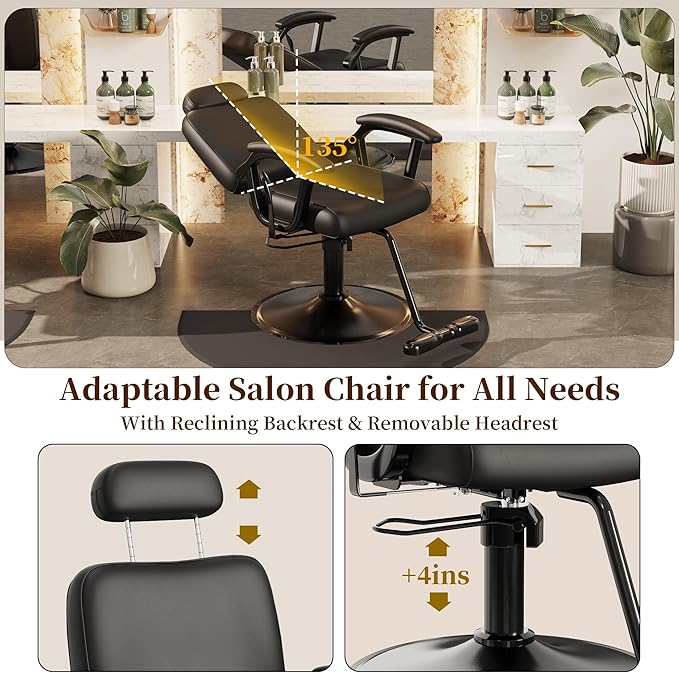 Baasha Premium Black Reclining Salon Chair with Removable Headrest, All-Purpose Hydraulic Barber Chair, Soft PU Leather, 360° Swivel, 135° Recline, Heavy-Duty Steel Frame, 330 lbs Capacity
