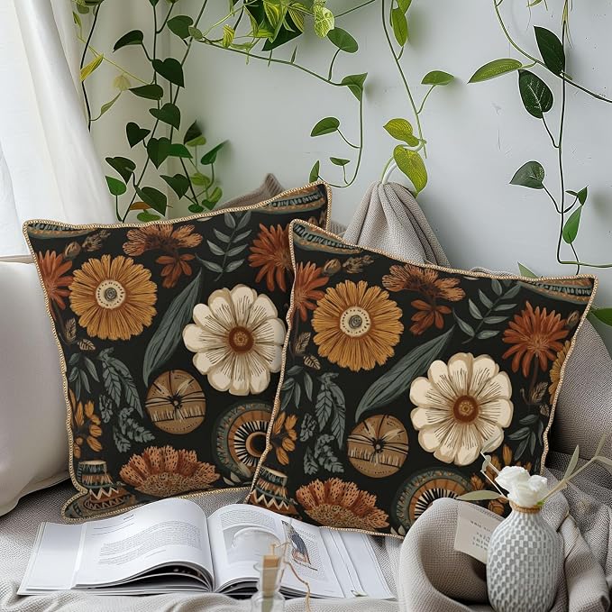 Vintage Boho Flower Velvet Pillow Covers 16x16 Inch Brown Green Retro Floral Throw Pillows for Couch Cushion Covers PillowcaseBohemian Farmhouse Pillow Cases for Sofa Bed Living Room