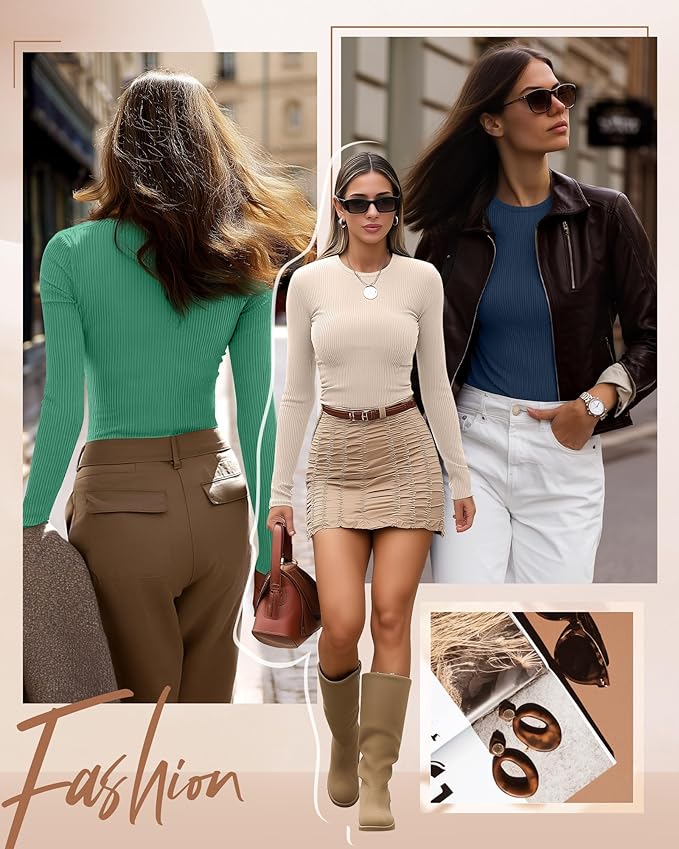 Ficerd 3 Pack Women's Ribbed Long Sleeve Tops, Crew Neck Slim Fit Undershirts Knit Basic Casual Stretch Layering Tee Shirts
