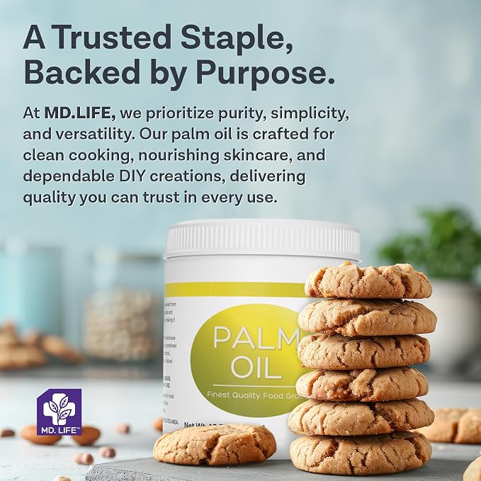 MD.LIFE PALM OIL - 32oz - Sustainable Food Grade Palm Oil for Cooking - Cold Pressed - Fatty Acids & Beta Carotene - Great for Soap Making Supplies, Cooking Oil, Creams and Lotions