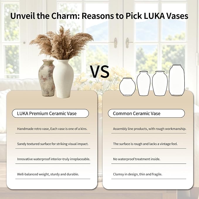 LUKA Ceramic Rustic Flower Vase Home Decor-11 inches Large Tall Retro Vases | Vintage Vases Living Room Kitchen Bedroom Decorations for Home Bookshelf Office Coffee Desk Dining Fireplace (11"Tall)