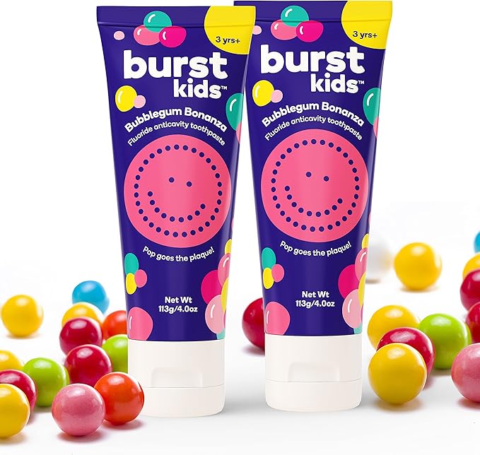 BURST Bubblegum Bonanza Kids Toothpaste with Fluoride (4oz/2 Pack) | Great Tasting Flavored for Children & Toddlers | Anticavity | Dye Free & Vegan | Safe for Kids Ages 2+