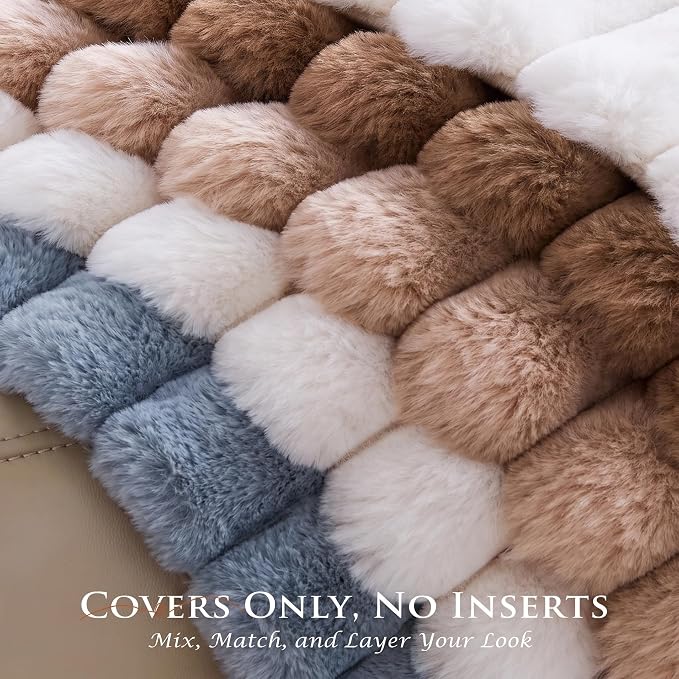 Pack of 2 Throw Pillow Covers 20x12 Decorative Solid Plush Faux Fur with Soft Velvet Back, Square Striped Cushion Cases Modern Farmhouse Home Decor for Living Room Couch Sofa Bed Serene Blue