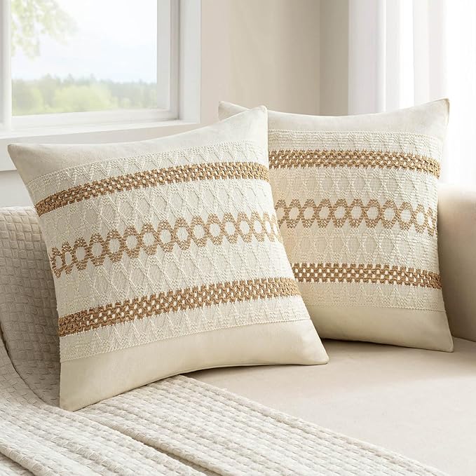 MIULEE Set of 2 Neutral Boho Decorative Pillow Covers 18x18 Inch | Farmhouse Couch Throw Pillows, Modern Spring Cotton Cushion Covers, Macrame Woven Home Decor for Bed Sofa Chair
