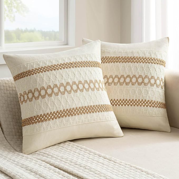 MIULEE Set of 2 Neutral Boho Decorative Pillow Covers 20x20 Inch | Farmhouse Couch Throw Pillows, Modern Spring Cotton Cushion Covers, Macrame Woven Home Decor for Bed Sofa Chair