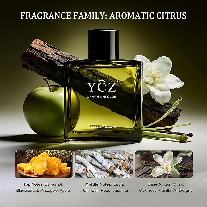 Ycz AMBER GLOW Cologne for Men Aromatic Citrus Fragrance with Bergamot, Crisp Apple & Warm Woody Notes, 1.7oz Eau de Parfum, Premium Men's Perfume for Office, Casual & Daily Wear