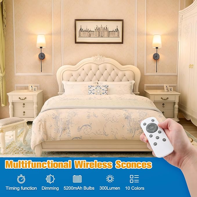 25.4 inch Battery Operated Wall Sconce Set of 2,Black Rechargeable Wall Lights with 10400mAh Dimmable Detachable Bulbs and Remote,9 Colors Wireless Sconces for Bedroom Living Room Hallway
