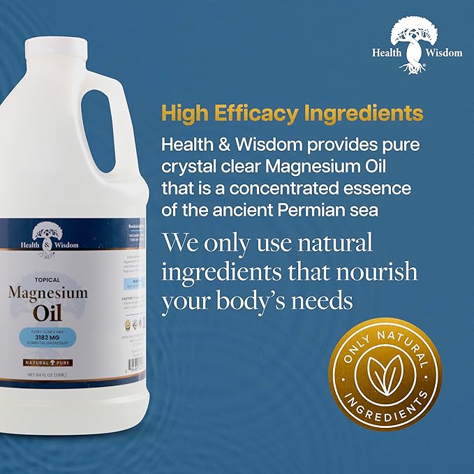 Health & Wisdom Pure Magnesium Oil - Topical Muscle & Joint Relief- Natural and Pure Skin Moisturizer - Enhanced Absorption - 64 fl oz