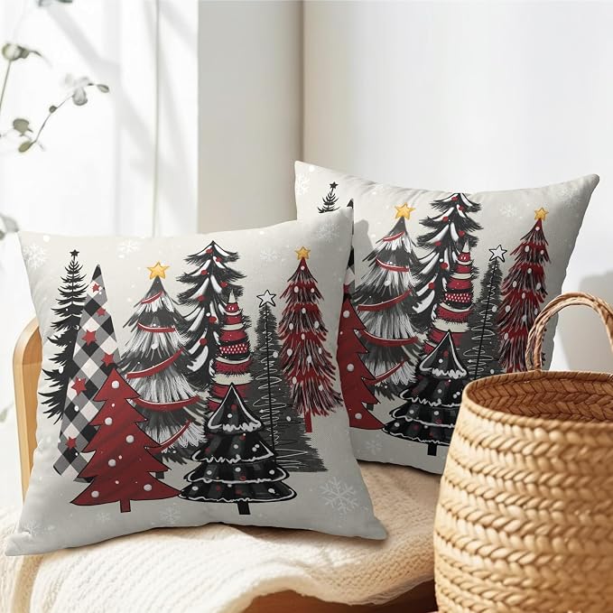 Kawani Buffalo Plaid Trees Pillow Covers 20x20 Set of 2 Red Black Christmas Tree Winter Holiday Decor Throw Cushion Case Cotton Linen for Home Sofa Bedroom Livingroom Decor
