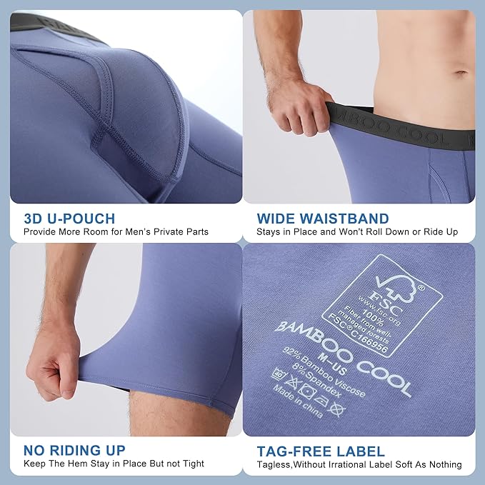 BAMBOO COOL Men's Ultra Breathable Underwear,No Riding Up Boxer Briefs with ComfortFlexible Waistband,Multipack