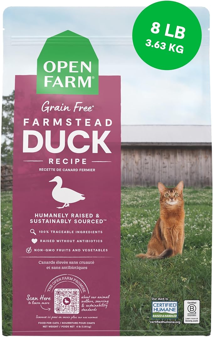 Open Farm Grain Free Dry Cat Food, Farmstead Duck Kibble, 8lb Bag | All Life Stages, High Protein, Prebiotic Fibers, 100% Traceable Ingredients, Non-GMO Fruits & Veggies.