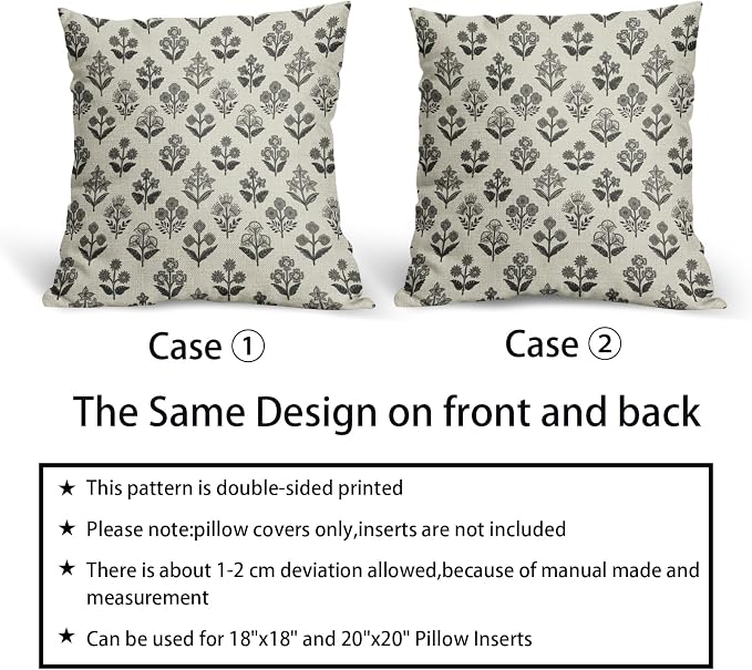 Black Grey Gray Block Print Pillow Covers 20x20 Inch Set of 2, Vintage Floral Decorative Throw Pillow Cases Boho Cushion Covers Rustic Decoration Gift Farmhouse Sofa Couch Bed Decor