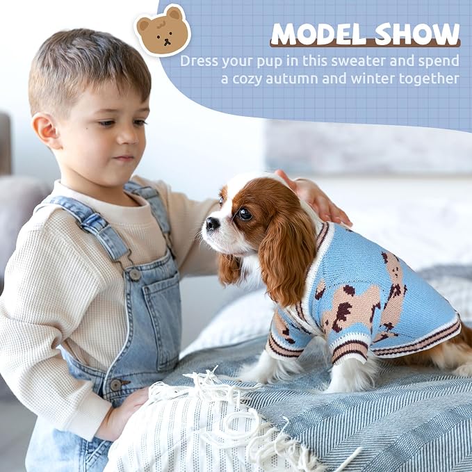 Small Dog Sweaters Cute Bear Knitted Dog Cardigans Clothes for Small Medium Dogs Soft Pet Puppy Cat Knitting Outfits Fall Winter Warm Boy Girl Dogs Knitwear Coat Apparel（Blue,X-Small）