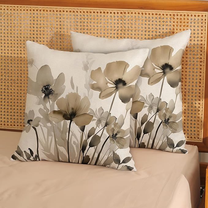 Spring Floral Pillow Covers 18x18 Inches Set of 2,Brown Floral Throw Pillow Covers Outdoor Summer Flower Decoration Pillowcase Farmhouse Decorative Square Linen Cushion Cover for Couch Sofa