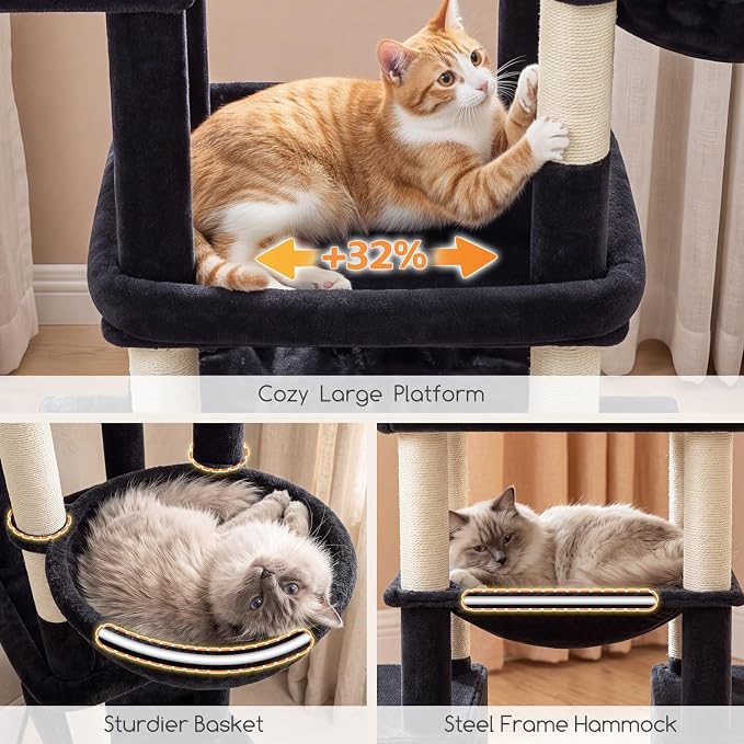 Globlazer Tall Cat Tower for Indoor Adult Cats, 72-inch, S72G, Dark Grey | Heavy Duty Cat Tree House for Big Cats with 2 Extra-Large Padded Platform, 7 Sisal Scratching Posts, 3 Large Condos