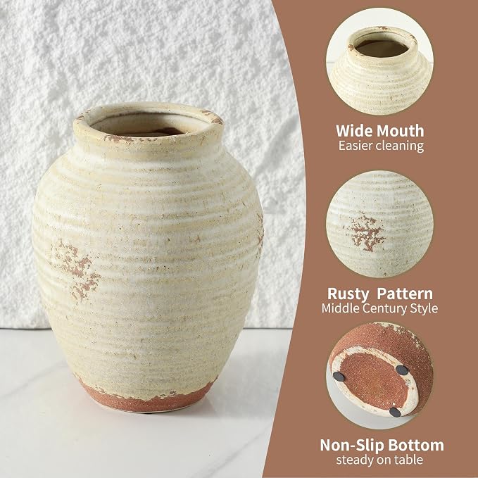 Ceramic Decorative Flower Vase 7.4 Inch Pottery Rustic Farmhouse Boho Terracotta Vase for Home Decor, Table, Living Room, Bathroom, Shelf, Mantel Decoration