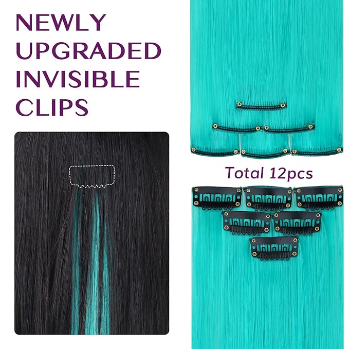 IDN BEAUTY Colored Clip in Hair Extension, 12PCS Teal 24Inch Invisible Clip Straight Synthetic Hair Pieces for Women, Hair Accessories for Party Cosplay Travel Birthday