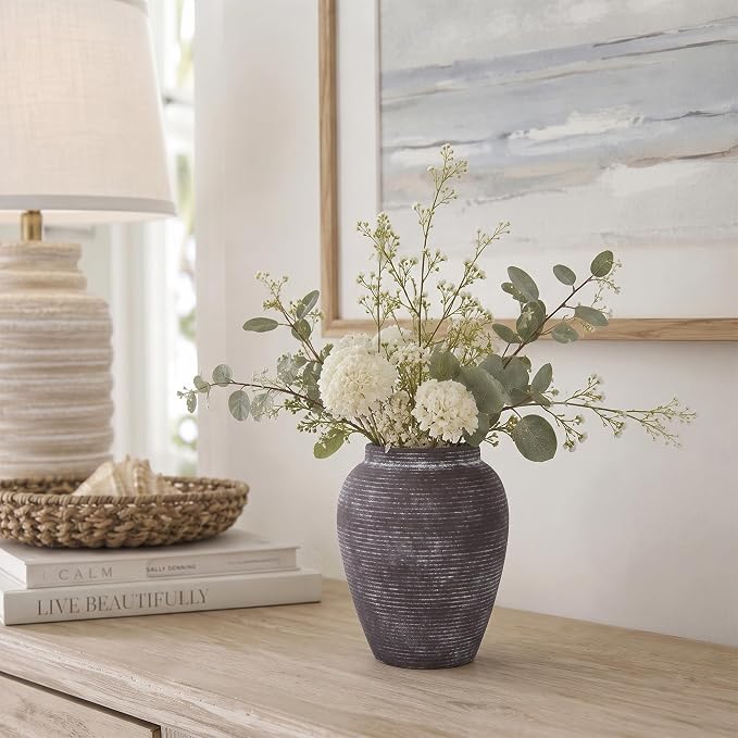 8.1" Brown Ceramic Vase for Flowers and Decor | Rustic ceramic vase in charcoal brown; small flower vase, watertight for fresh or dried stems, shelves, mantels and tables